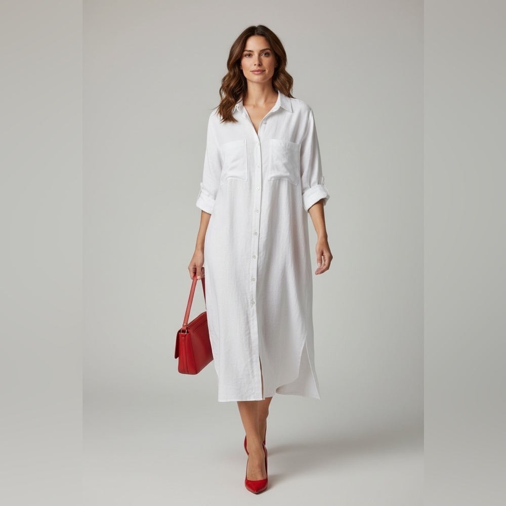 NWT Westbound Oversized Linen Blend Button Down White Shirt Dress Womens size S